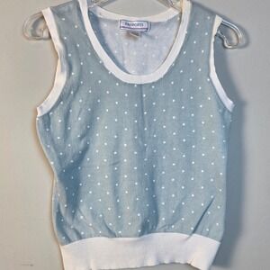 Passports Womens Sz M Polka‎ Dot Sweater Vest Blue White Scoop Neck Cotton
